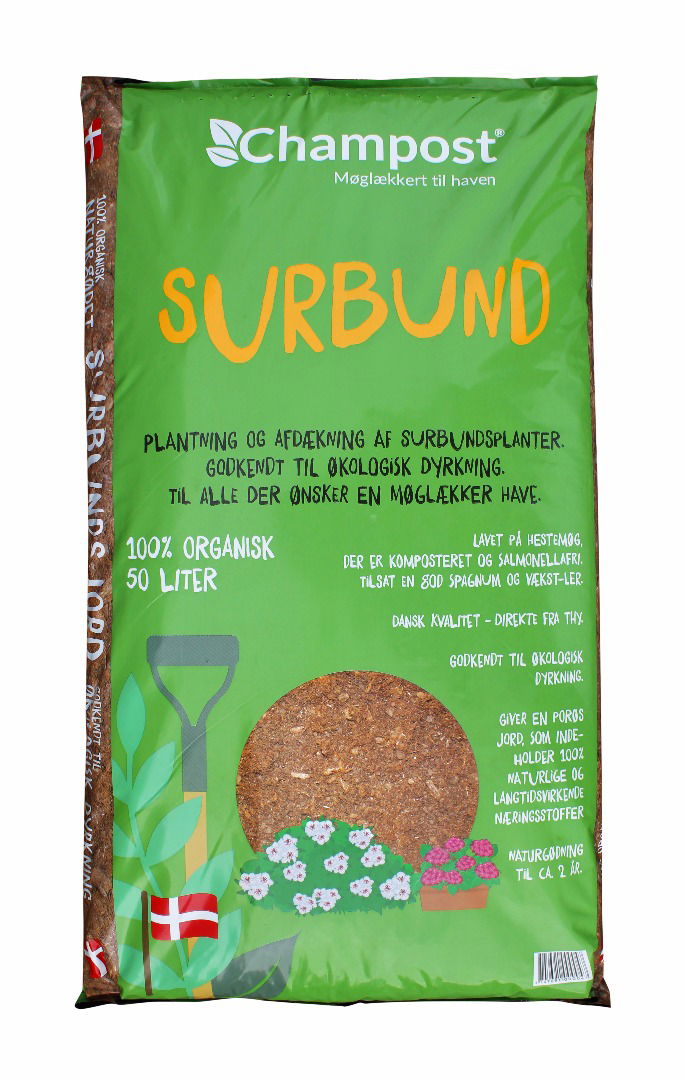 Champost Surbund m/naturgødning, Består af grov sphagnum af god kvalitet og Champost®, lavet specielt til surbund.